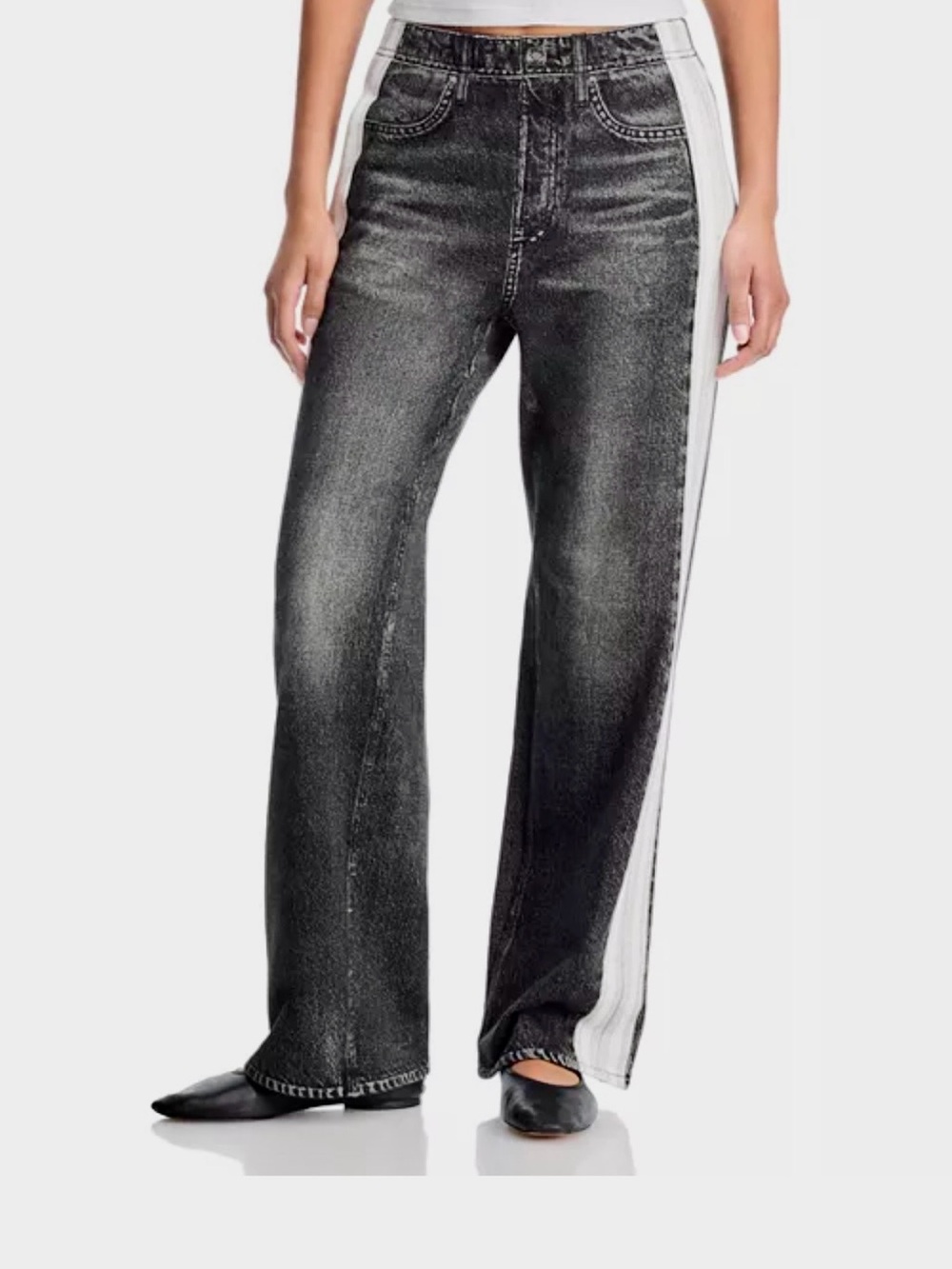 rag & bone Black Washed Wide-Leg Jeans with White Side Stripe